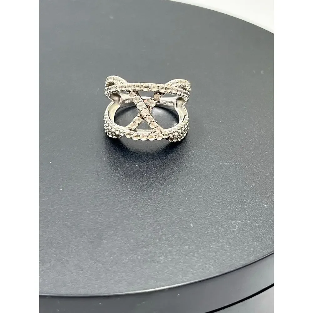 JWBR Sterling Silver White Sapphire Crossover Ring Sz‎ 7.25  Pave Setting 6.6g